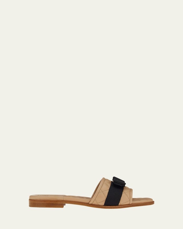 Quilted Leather Bow Flat Slide Sandals